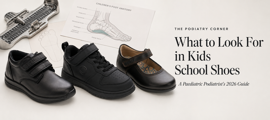 Three black Skobi school shoes, a velcro shoe, a velcro sneaker and a Mary-Jane, laid out beside a children's foot anatomy diagram and a metal foot-sizing gauge on a podiatry worktop.